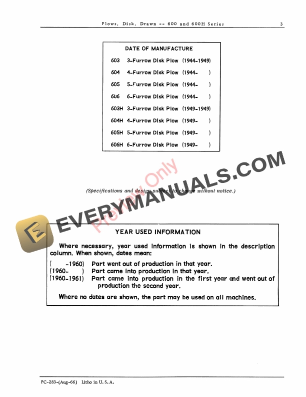John Deere 600, 600H Drawn Disk Plows Parts Catalog PC283 01AUG66-5