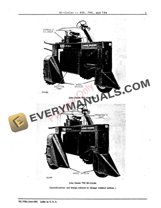 John Deere 600, 700, 734 Hi-Cycle Tractor Parts Catalog PC792 01NOV68 4 John Deere 600, 700, 734 Hi-Cycle Tractor Parts Catalog PC792 01NOV68-3