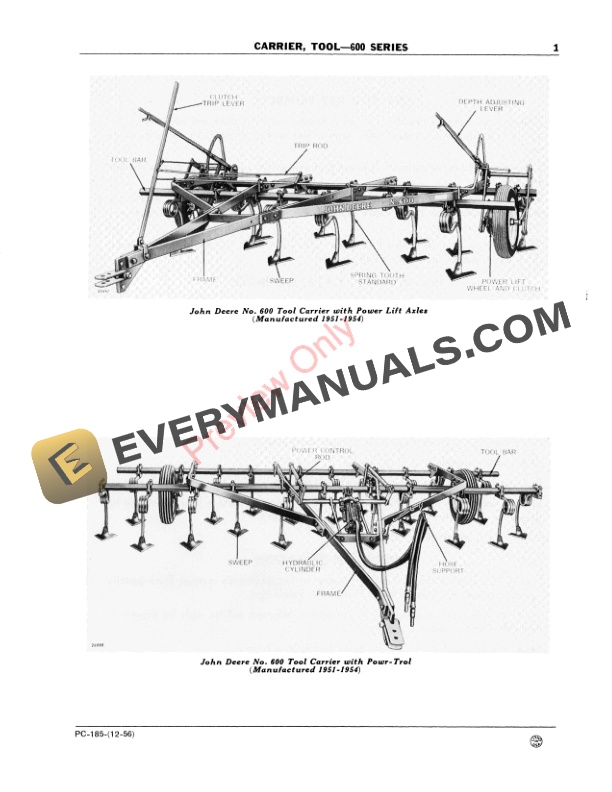 John Deere 600 Drawn Tool Carrier Parts Catalog PC185 01DEC53-3
