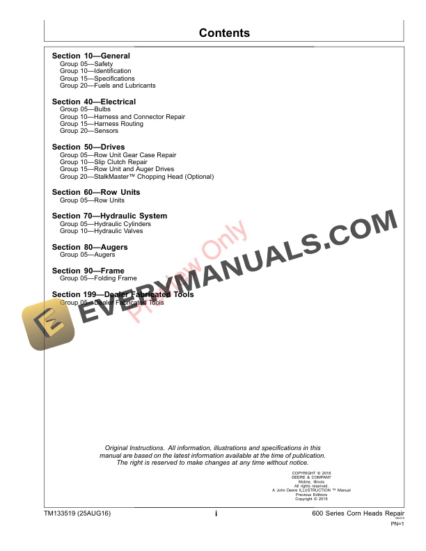 John Deere 600 Series Corn Heads Repair Technical Manual TM133519 25AUG16 3