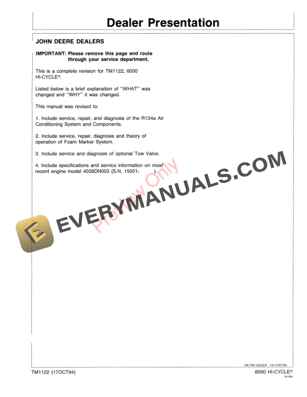 John Deere 6000 Self Propelled Hi Cycle Sprayer Technical Manual TM1122 17OCT94 3