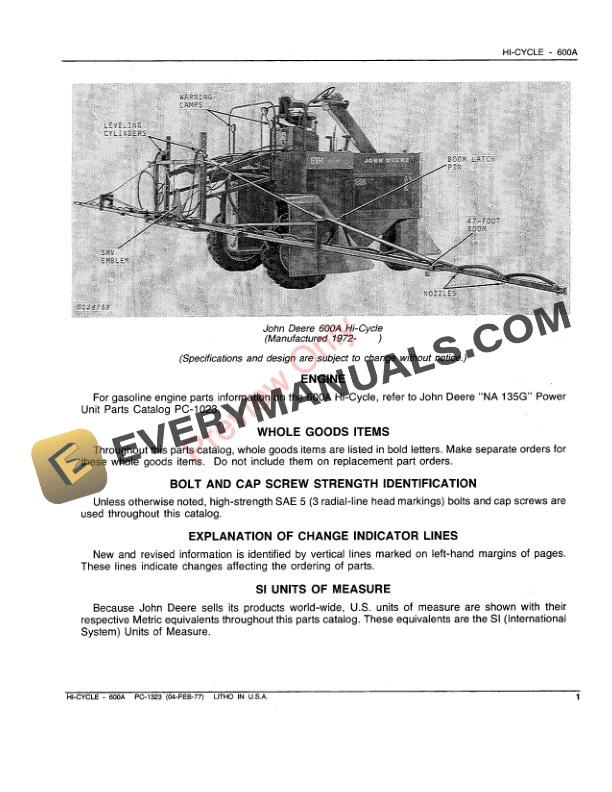 John Deere 600A Hi-Cycle Parts Catalog PC1323 04FEB77-3