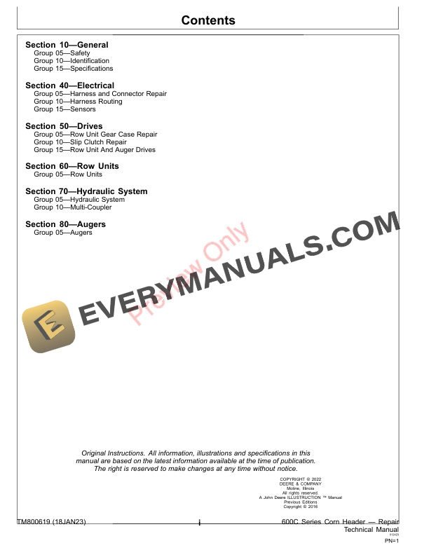 John Deere 600C Series Corn Header Repair Technical Manual TM800619 18JAN23 3