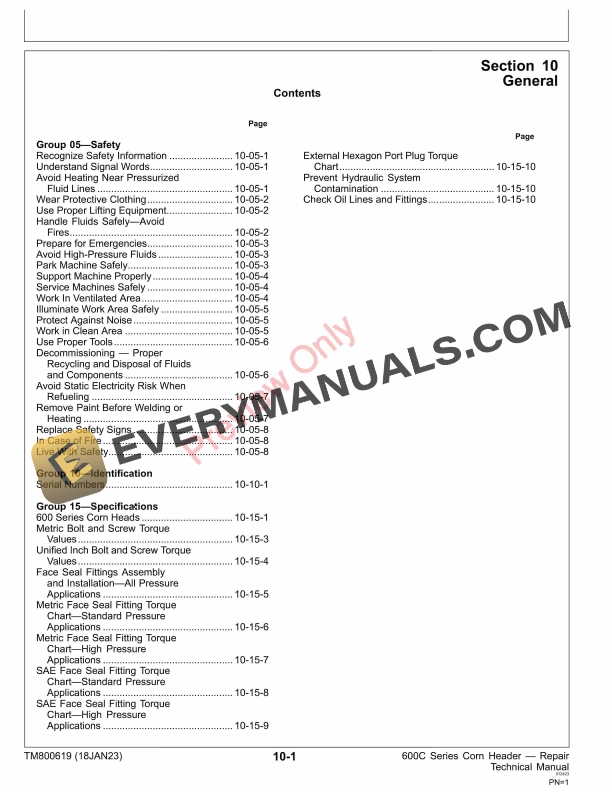 John Deere 600C Series Corn Header Repair Technical Manual TM800619 18JAN23 5