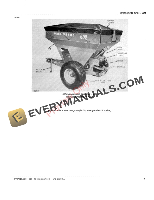 John Deere 602 Spin Spreader Parts Catalog PC1288 06JAN81-3
