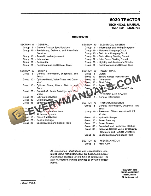 John Deere 6030 Row Crop Tractor Technical Manual TM1052 01MAR83 3