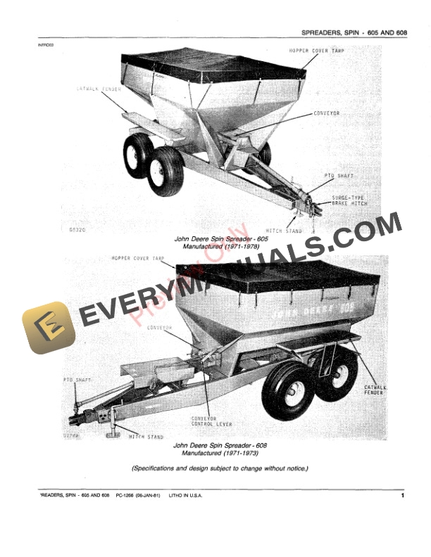 John Deere 605, 608 Spin Spreader Parts Catalog PC1266 06JAN81-3