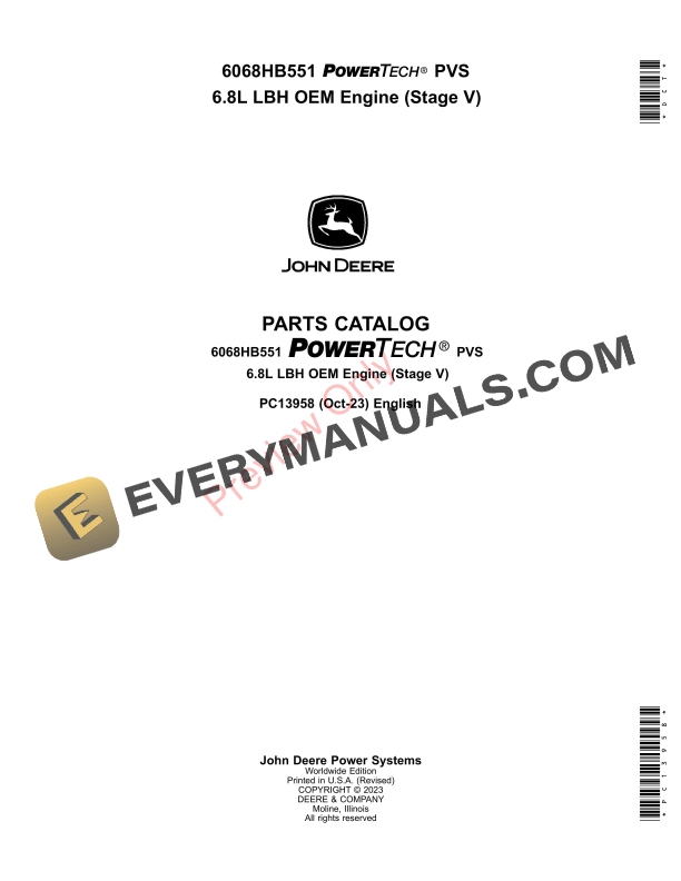 John Deere 6068HB551 PowerTech PVS 6.8L LBH OEM Engine (Stage V) Parts Catalog PC13958 06OCT23-1