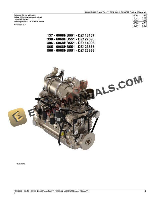John Deere 6068HB551 PowerTech PVS 6.8L LBH OEM Engine (Stage V) Parts Catalog PC13958 06OCT23 4 John Deere 6068HB551 PowerTech PVS 6.8L LBH OEM Engine (Stage V) Parts Catalog PC13958 06OCT23-3