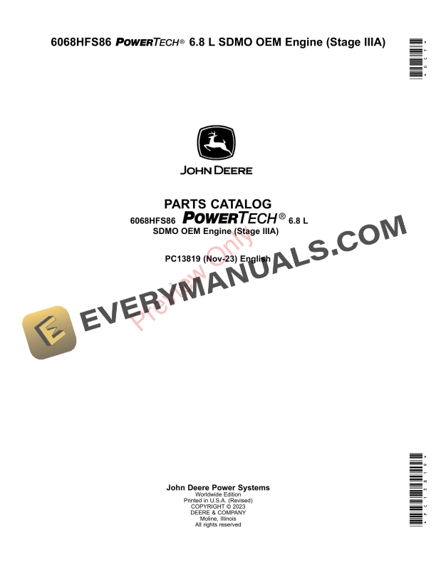 John Deere 6068HFS86 PowerTech 6.8 L SDMO OEM Engine (Stage IIIA) Parts Catalog PC13819 26NOV23-1