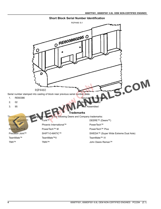 John Deere 6068TF001, 6068DF001 6.8L OEM NON-CERTIFIED ENGINES Parts Catalog PC2294 03OCT23-4