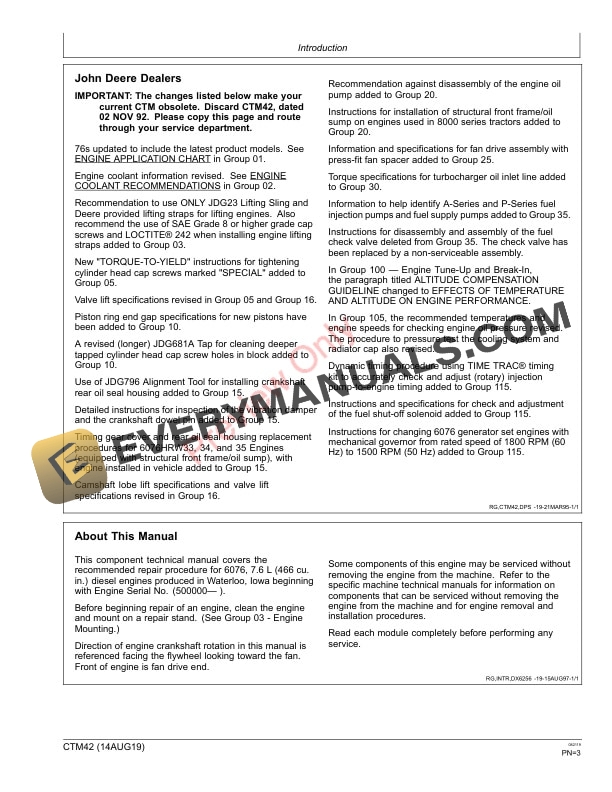 John Deere 6076 Diesel Engines 400 Series Component Technical Manual CTM42 14AUG19 3