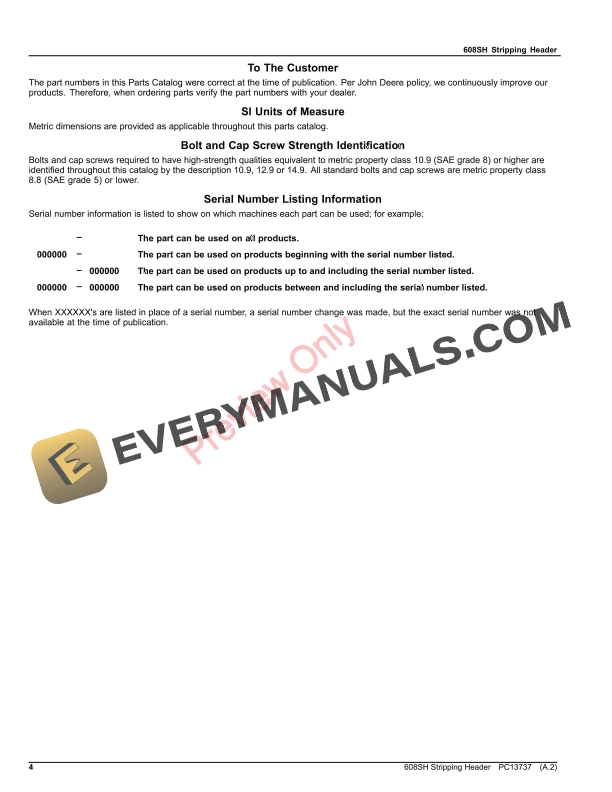 John Deere 608SH Stripping Header Parts Catalog PC13737 17MAY23-4