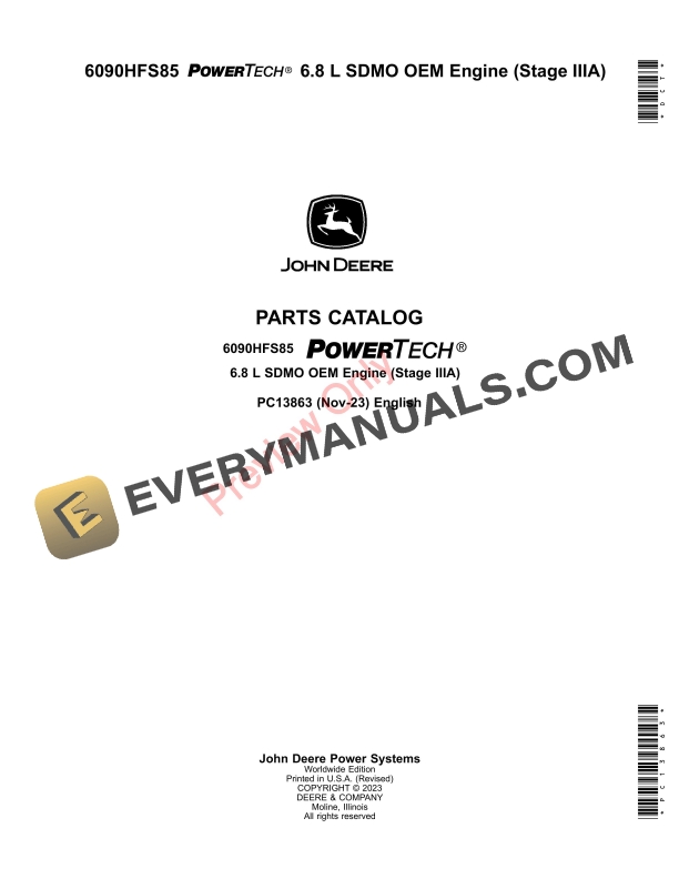John Deere 6090HFS85 PowerTech 6.8 L SDMO OEM Engine (Stage IIIA) Parts Catalog PC13863 14NOV23-1