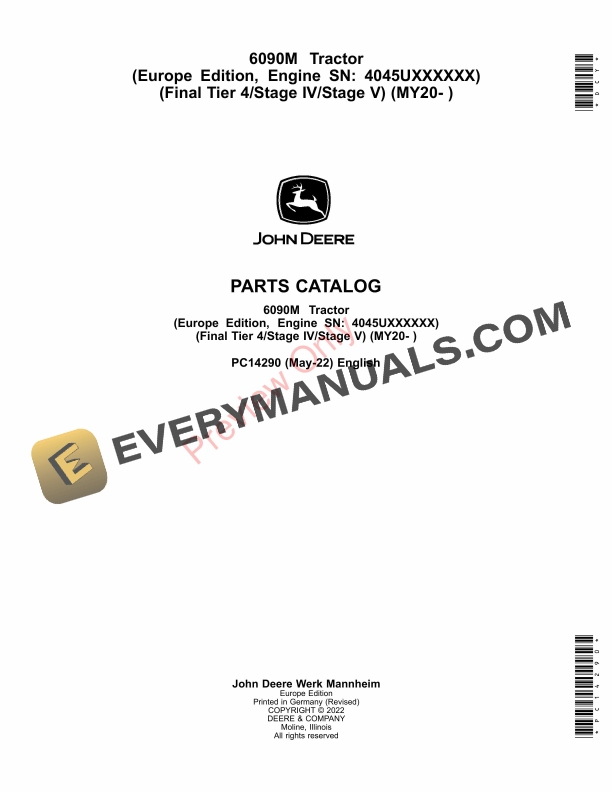 John Deere 6090M Tractor (Final Tier 4Stage IVStage V) (MY20- ) Parts Catalog PC14290 09MAY22-1