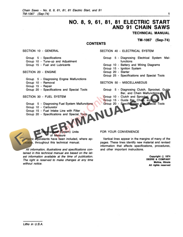 John Deere 61 8 81 9 and 91 Chain Saws Technical Manual TM1067 01SEP74 3