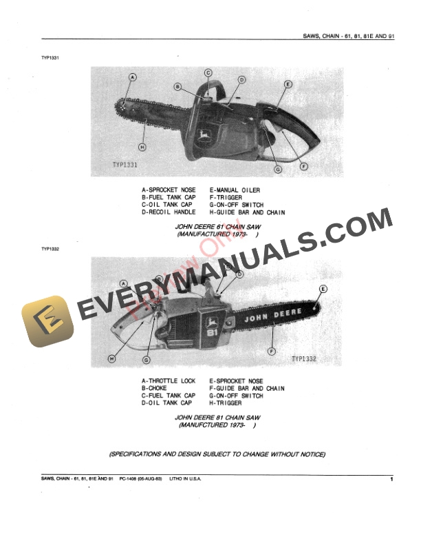 John Deere 61, 81, 81E and 91 Chain Saws Parts Catalog PC1408 05AUG83-3