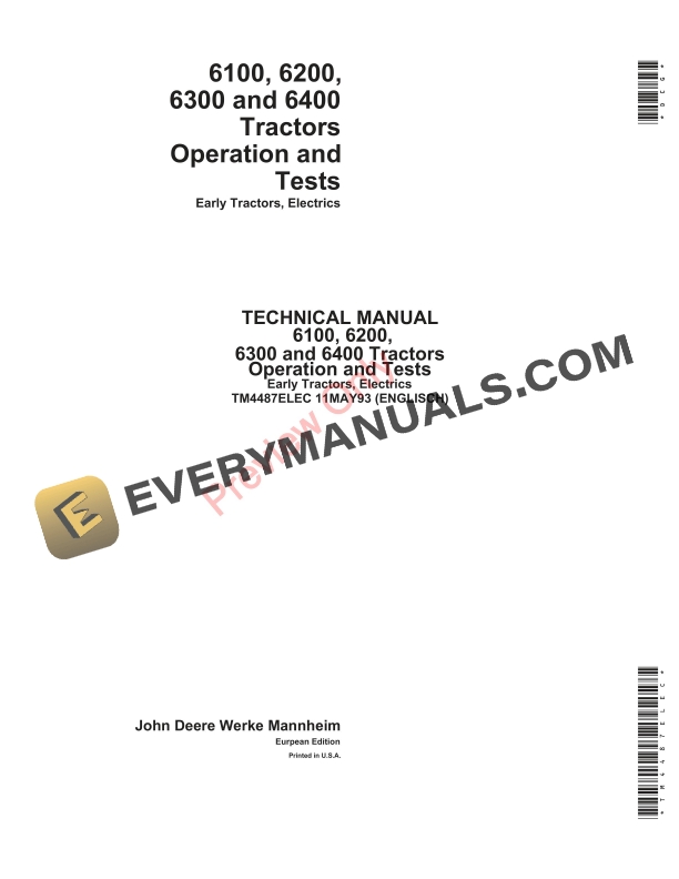John Deere 6100 6200 6300 and 6400 Early Tractors Electrics Diagnostic Operation and Test Service Manual TM4487ELEC 11MAY93 PDF