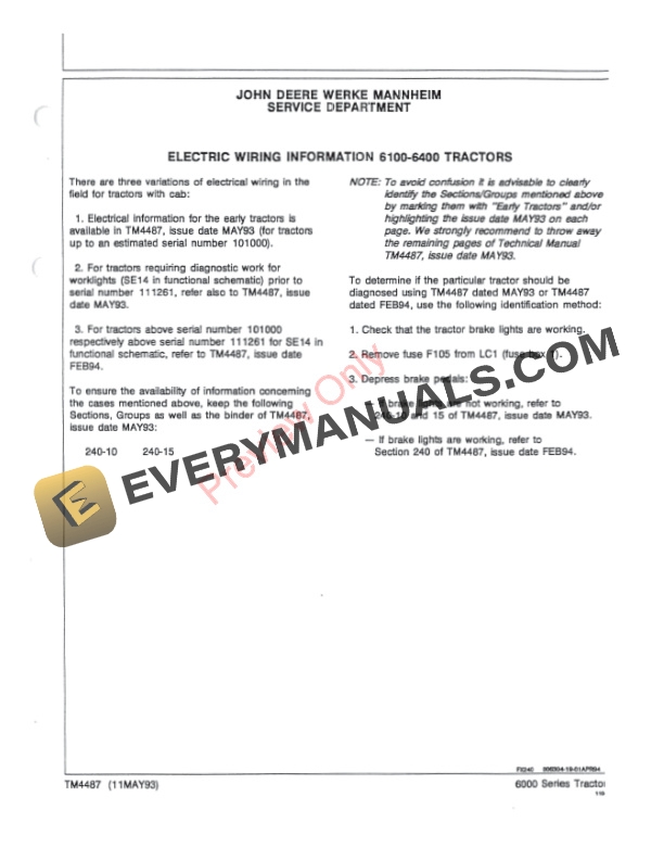 John Deere 6100 6200 6300 and 6400 Tractorss Early Tractors Electrics Technical Manual TM4487ELEC 11MAY93 3