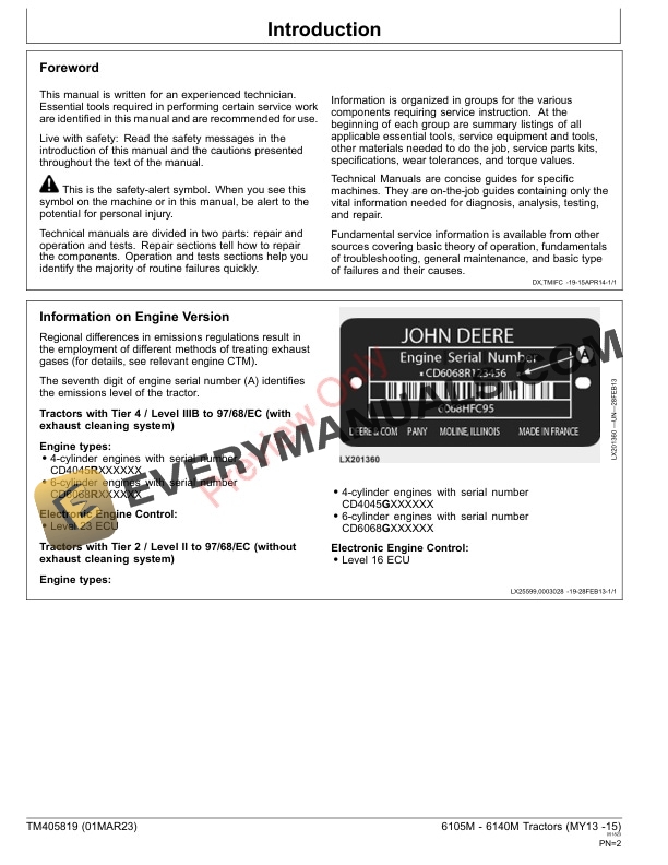 John Deere 6105M 6115M 6125M 6130M and 6140M Tractors Repair Technical Manual TM405819 01MAR23 2