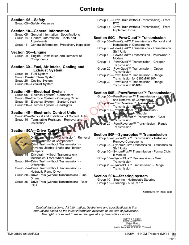 John Deere 6105M 6115M 6125M 6130M and 6140M Tractors Repair Technical Manual TM405819 01MAR23 3