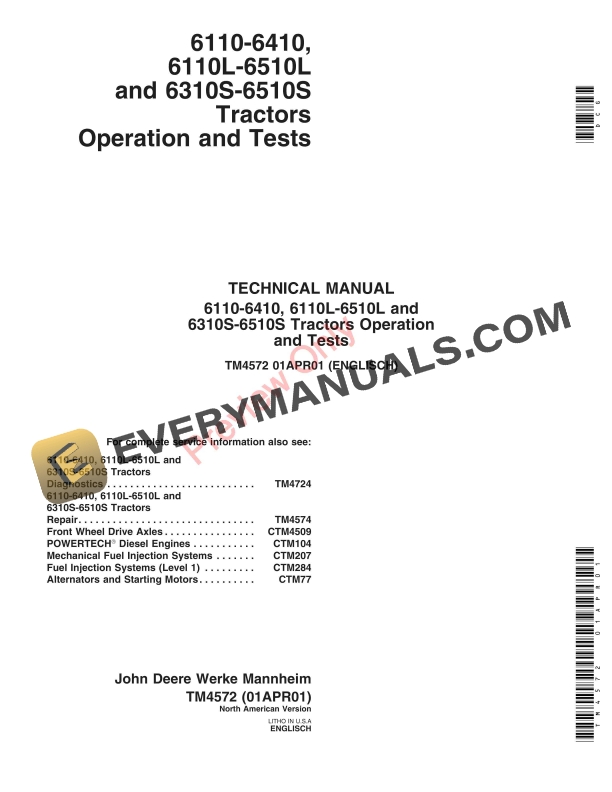 John Deere 6110-6410, 6110L-6510L and 6310S-6510S Tractors Technical Manual TM4572 01APR01-1