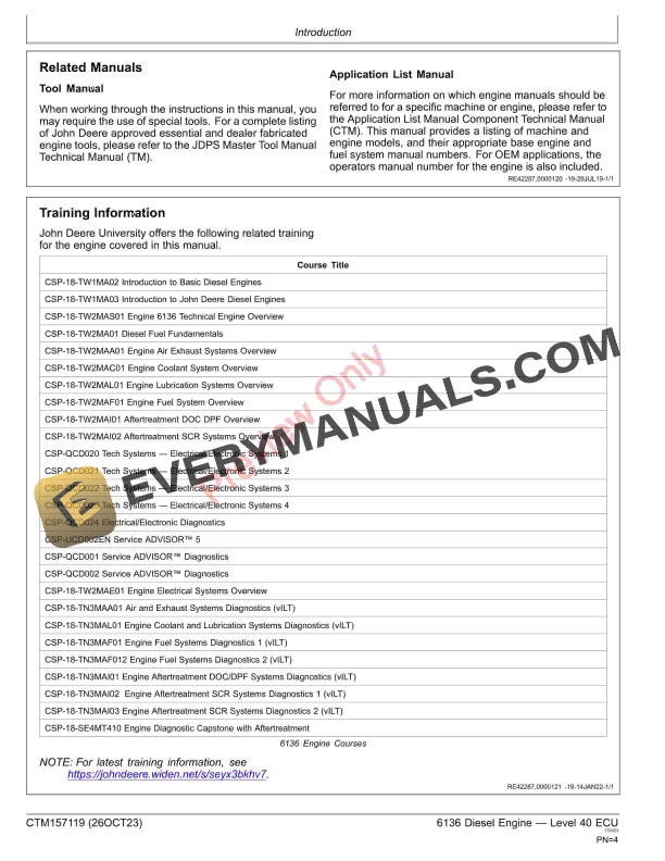 John Deere 6136 Diesel Engine Level 40 ECU Component Technical Manual CTM157119 26OCT23 4