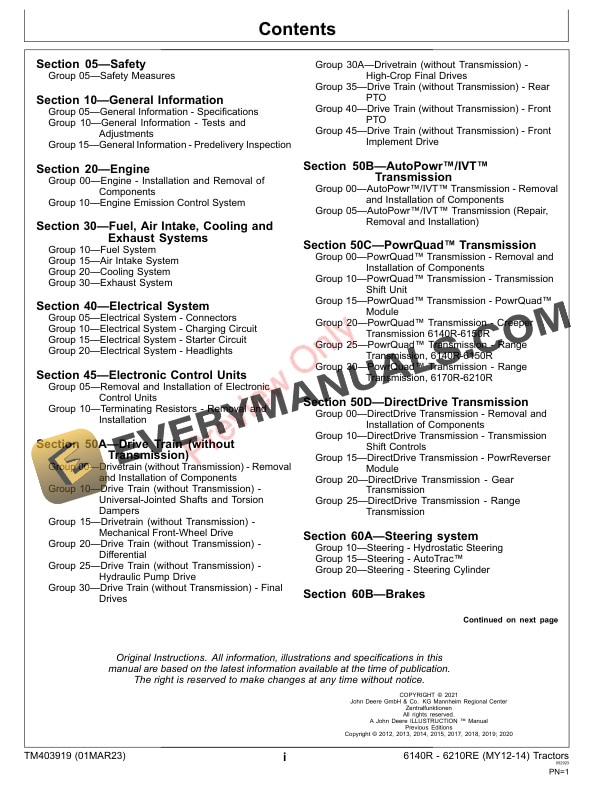 John Deere 6140R 6210RE MY12 14 Tractors Repair Technical Manual TM403919 01MAR23 3