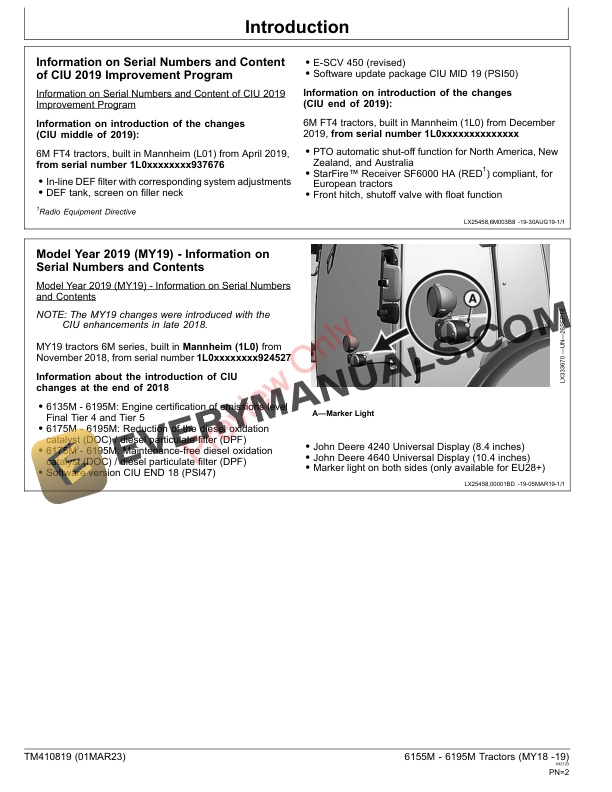 John Deere 6155M 6195M Tractors MY18 19 Repair Technical Manual TM410819 01MAR23 2