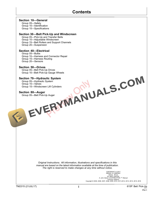 John Deere 615P Belt Pick Up Platform Repair Technical Manual TM2315 21JUL17 3