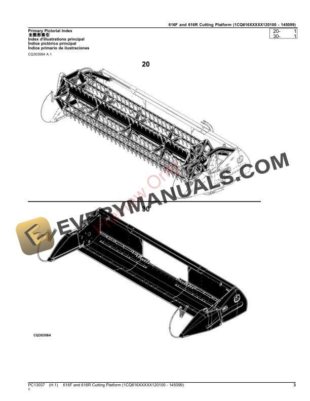 John Deere 616F and 616R Cutting Platform (1CQ616XXXXX120100 – 145099) Parts Catalog PC13037 14SEP23-3