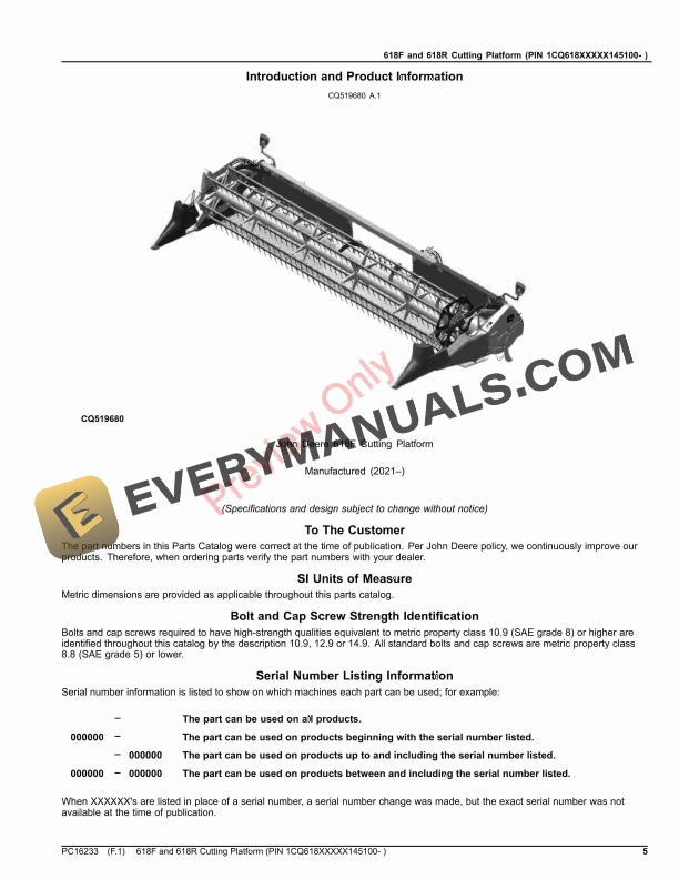 John Deere 618F and 618R Cutting Platform (PIN 1CQ618XXXXX145100- ) Parts Catalog PC16233 26NOV23-5