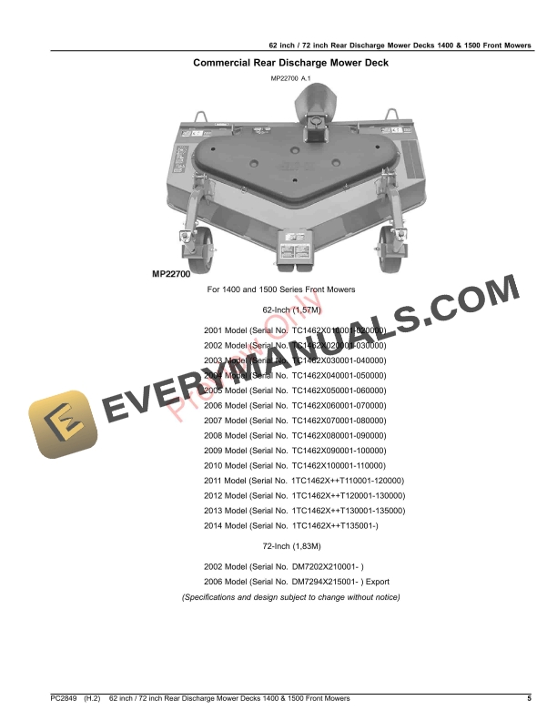 John Deere 62 inch 72 inch Rear Discharge Mower Decks for 1400 and 1500 Series Front Mowers Parts Catalog PC2849 30SEP23-5
