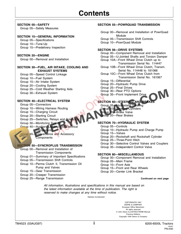 John Deere 6200 6200L 6300 6300L 6400 6400L 6500 6500L Tractors Service Information TM4523 03AUG97 3
