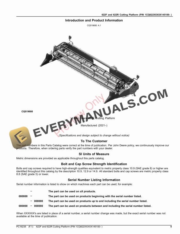 John Deere 622F and 622R Cutting Platform (PIN 1CQ622XXXXX145100- ) Parts Catalog PC16235 30SEP23 6 John Deere 622F and 622R Cutting Platform (PIN 1CQ622XXXXX145100- ) Parts Catalog PC16235 30SEP23-5