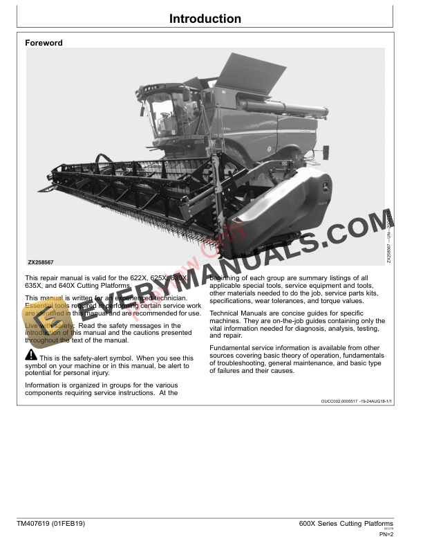 John Deere 622X, 625X, 630X, 635X and 640X Cutting Platforms Technical Manual TM407619 01FEB19 4 John Deere 622X 625X 630X 635X and 640X Cutting Platforms Technical Manual TM407619 01FEB19 2