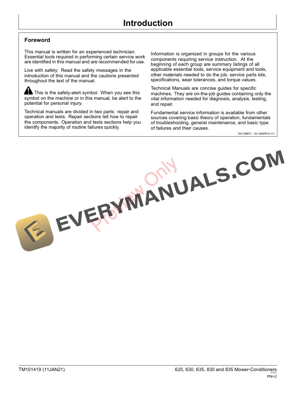 John Deere 625, 630, 635, 830 and 835 Mower Conditioners Repair Technical Manual TM101419 11JAN21 10 John Deere 625 630 635 830 and 835 Mower Conditioners Repair Technical Manual TM101419 11JAN21 2