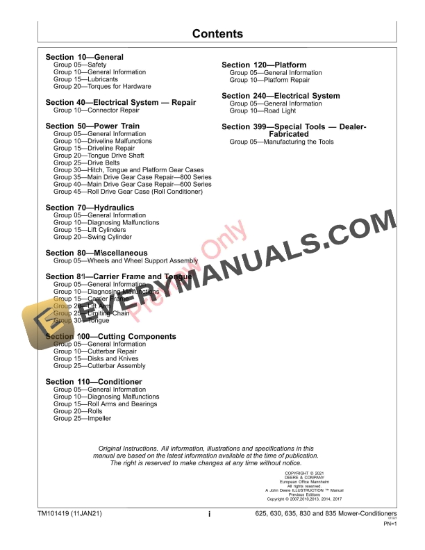 John Deere 625, 630, 635, 830 and 835 Mower Conditioners Repair Technical Manual TM101419 11JAN21 13 John Deere 625 630 635 830 and 835 Mower Conditioners Repair Technical Manual TM101419 11JAN21 5