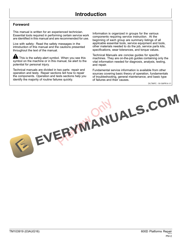 John Deere 625D 630D 635D and 640D Draper Platform Repair Technical Manual TM103919 03AUG16 2