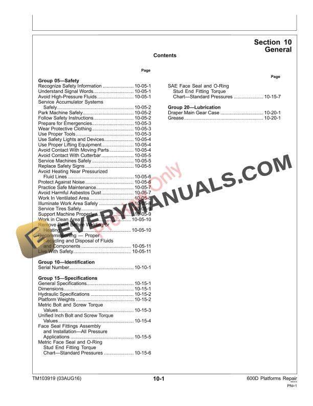 John Deere 625D 630D 635D and 640D Draper Platform Repair Technical Manual TM103919 03AUG16 5