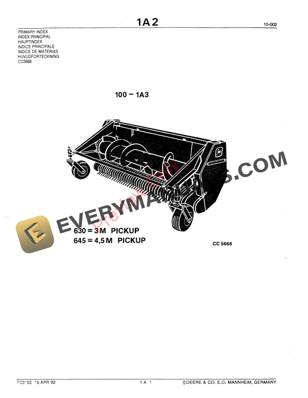 John Deere 630 3M, 645 4, 5M Pickup For Self Parts Catalog PC3193 10FEB11-4