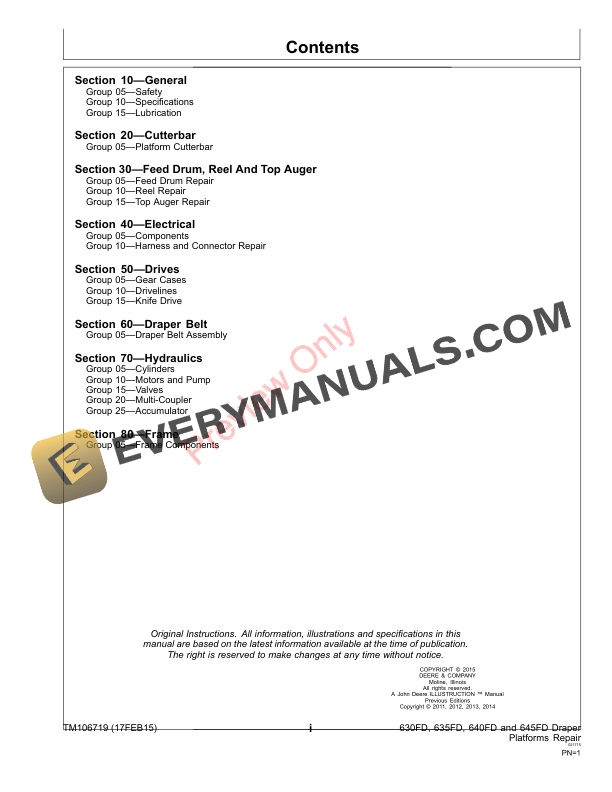 John Deere 630FD 635FD 640FD and 645FD Draper Platforms 000000 Technical Manual TM106719 17FEB15 3