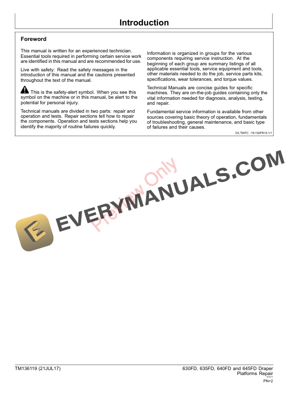 John Deere 630FD 635FD 640FD and 645FD Flex Draper Platforms Repair Technical Manual TM136119 21JUL17 2