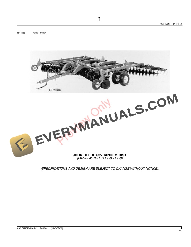 John Deere 635 Tandem Disk Parts Catalog PC2308 14JUN11-3