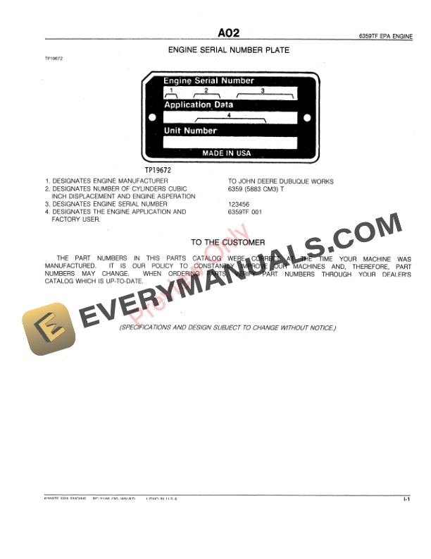 John Deere 6359TF EPA Engine Parts Catalog PC2146 30JAN87-3