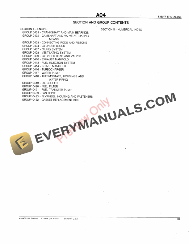 John Deere 6359TF EPA Engine Parts Catalog PC2146 30JAN87-5