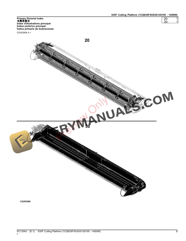 John Deere 635F Cutting Platform (1CQ635FXXXXX120100 - 145099) Parts Catalog PC13043 14NOV23 4 John Deere 635F Cutting Platform (1CQ635FXXXXX120100 – 145099) Parts Catalog PC13043 14NOV23-3