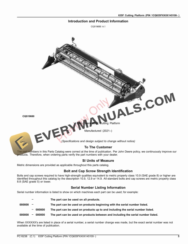 John Deere 635F Cutting Platform (PIN 1CQ635FXXXX145100- ) Parts Catalog PC16238 28NOV23-5