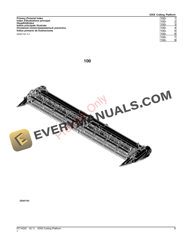 John Deere 635X Cutting Platform (056000 - 058999) Parts Catalog PC14242 16DEC22 4 John Deere 635X Cutting Platform (056000 – 058999) Parts Catalog PC14242 16DEC22-3