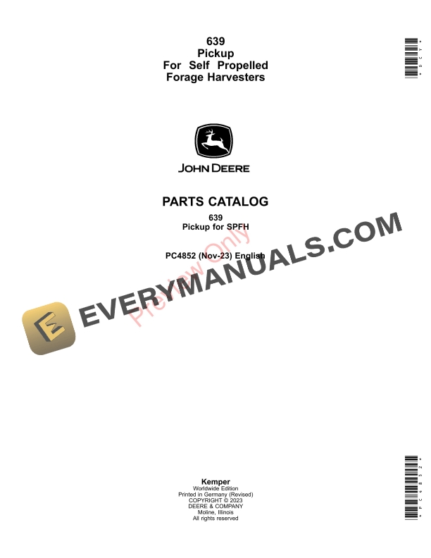 John Deere 639 Pickup For Self Propelled Forage Harvesters Parts Catalog PC4852 14NOV23-1